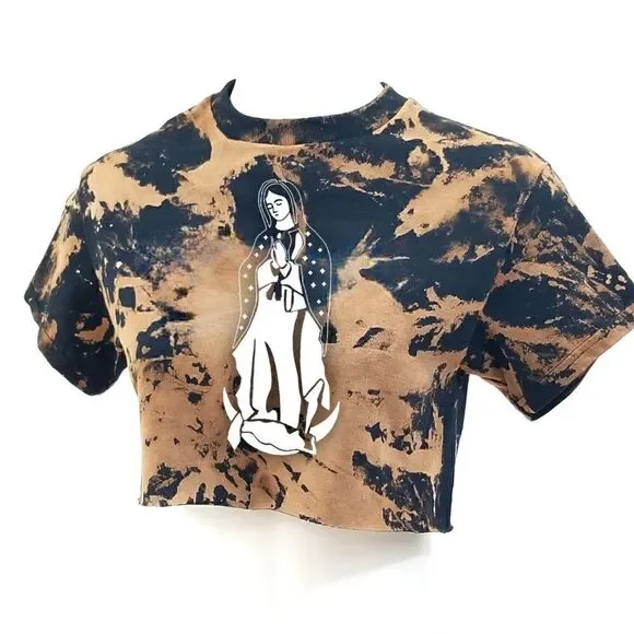 La Virgen the Guadalupe "Our Lady of Guadalupe" Acid Washed Distressed Crop Top - Picture 3 of 5